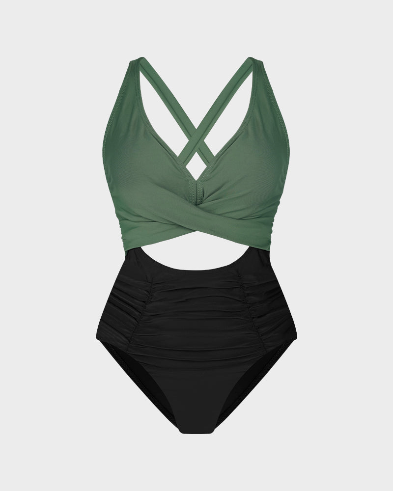 Stylish Push Up Tummy Control One-Piece Swimsuit V-Neck Adjustable Straps Ruched Front
