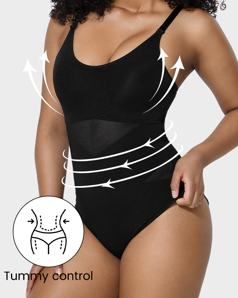 Flattering Criss-Cross Mesh Sculpting Bodysuit - Seamless Tummy Control Shapewear