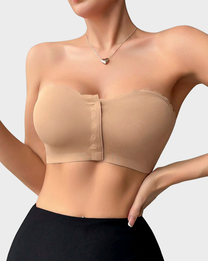Comfortable Wireless Strapless Front-Closure Leopard Print Bra with Scalloped Trim