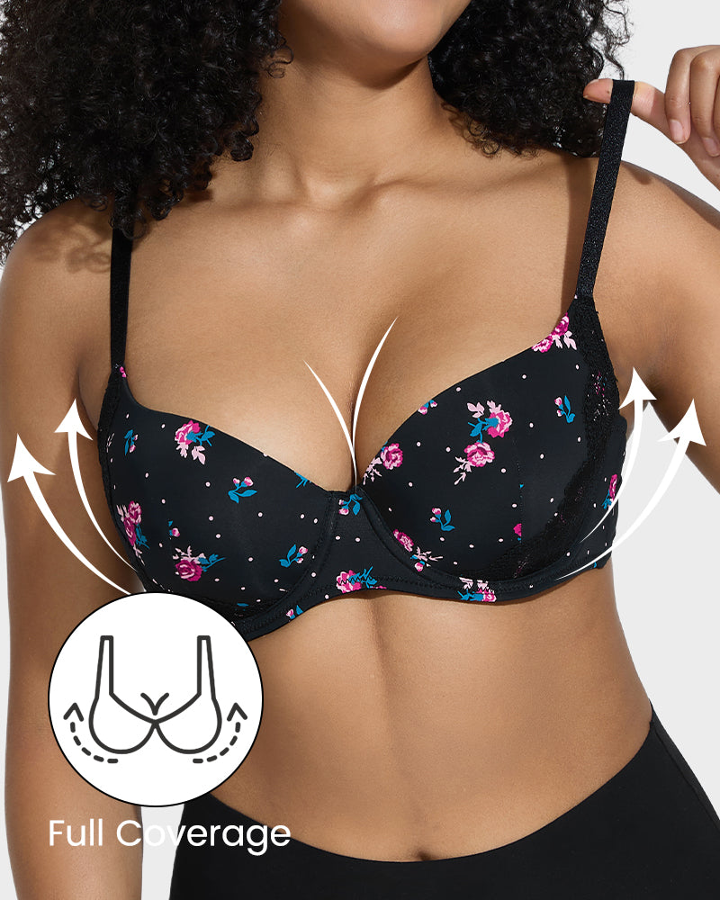 Elegant Deep V Lace Trim Full Coverage Push Up Bra for Ultimate Comfort & Support