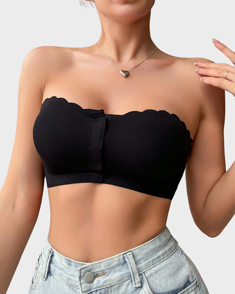 Comfortable Wireless Strapless Front-Closure Leopard Print Bra with Scalloped Trim