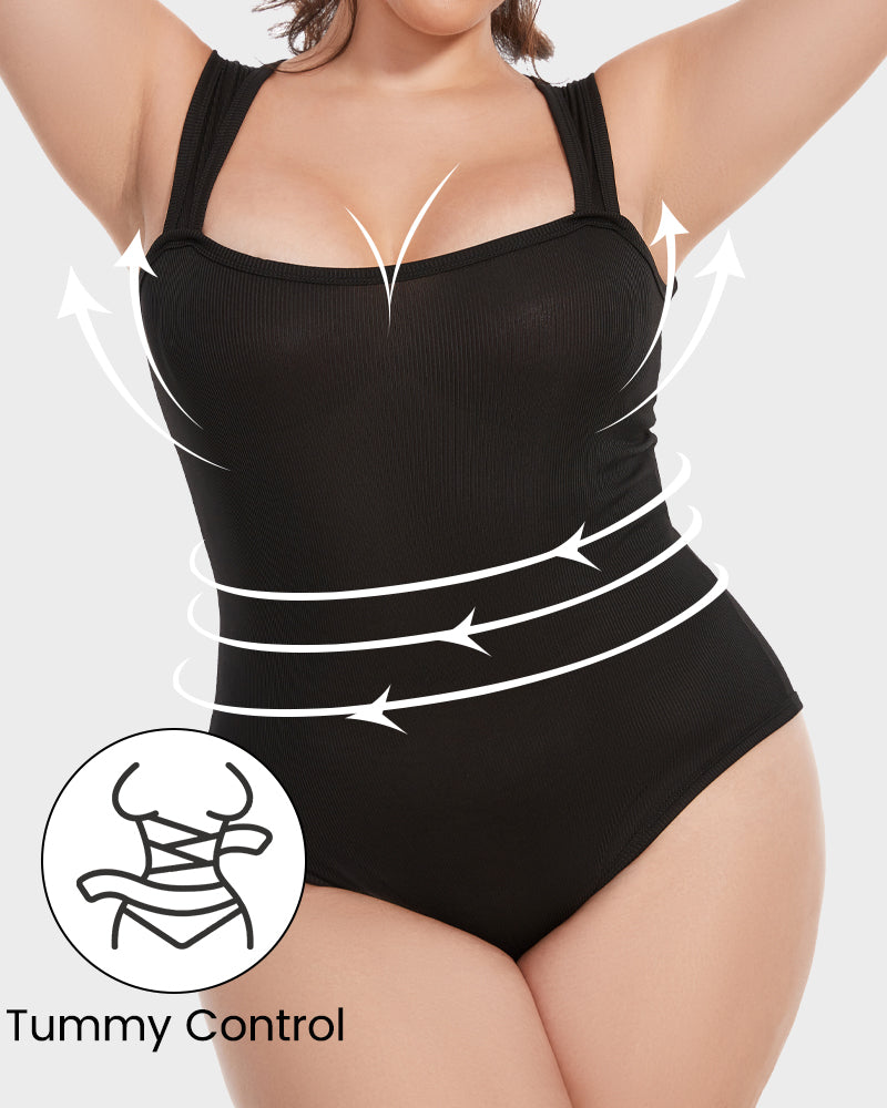 Chic Ribbed Square Neck Sleeveless Tummy Control Tank Bodysuit for Women