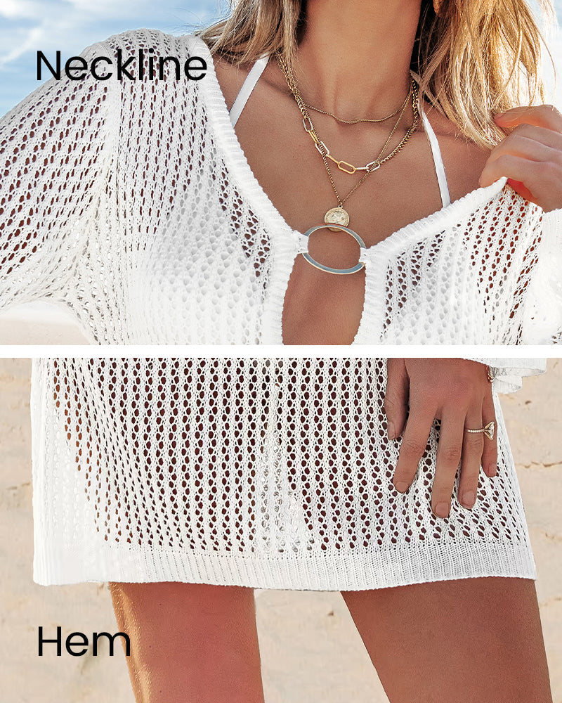 Chic Deep Plunge Crochet Long Sleeve Beach Cover Up Dress
