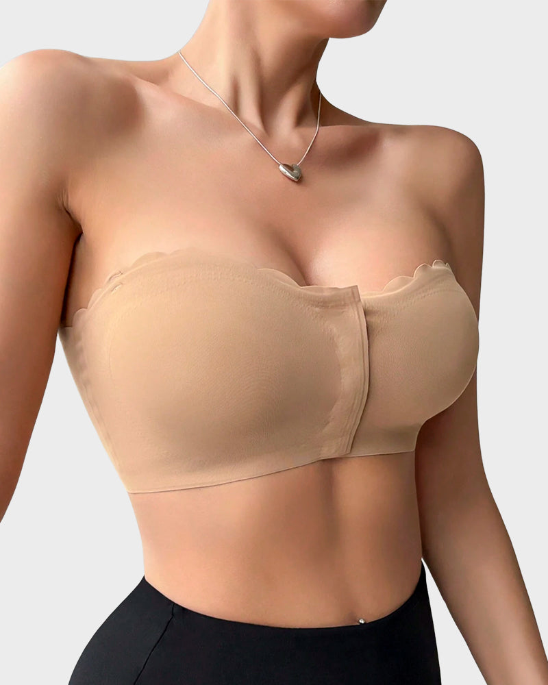 Comfortable Wireless Strapless Front-Closure Leopard Print Bra with Scalloped Trim