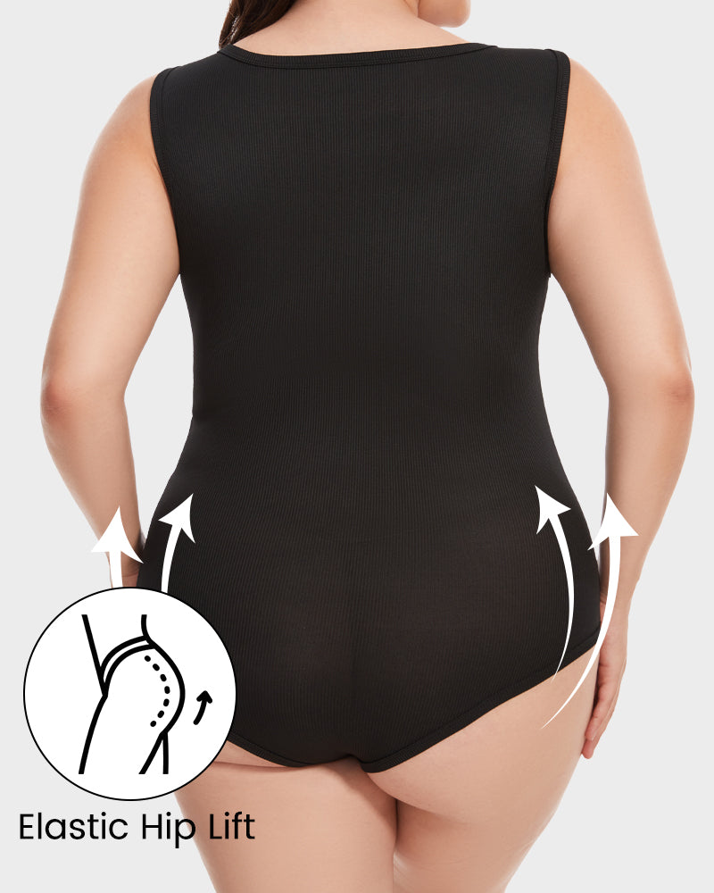 Chic Ribbed Square Neck Sleeveless Tummy Control Tank Bodysuit for Women