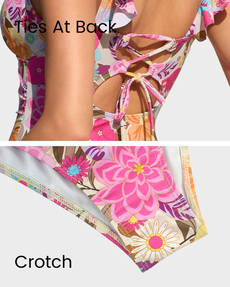 Chic Deep V Ruffled Floral Lace-Up One-Piece Swimsuit for Women