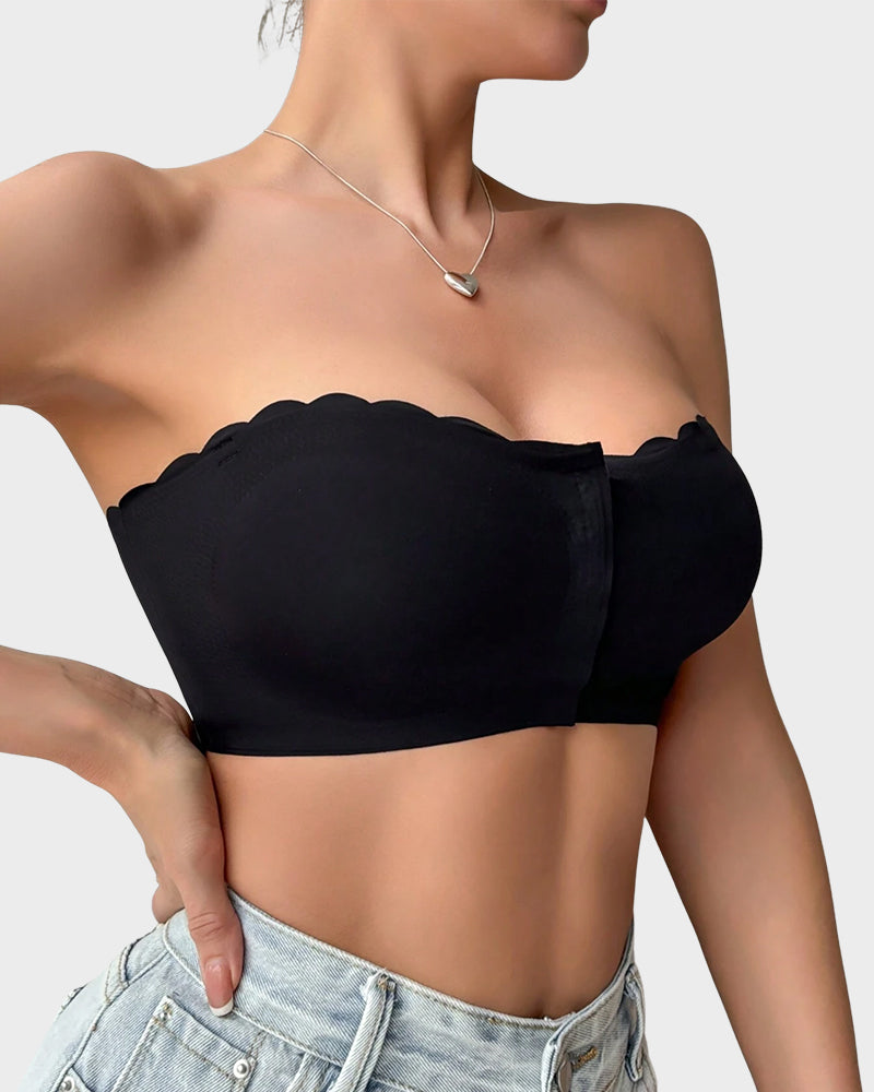 Comfortable Wireless Strapless Front-Closure Leopard Print Bra with Scalloped Trim