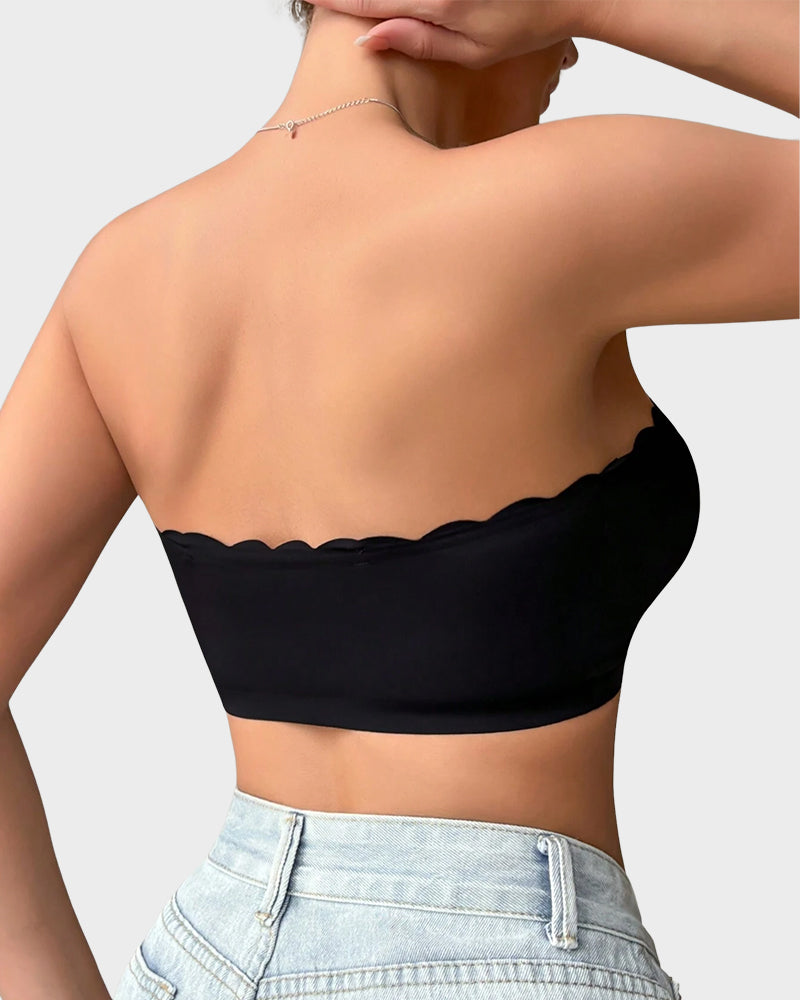 Comfortable Wireless Strapless Front-Closure Leopard Print Bra with Scalloped Trim