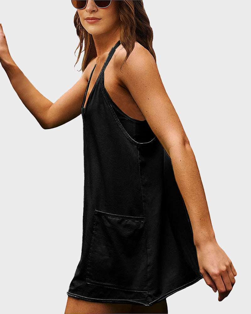 Women's Athletic Sleeveless Mini Dress with Built-In Shorts and Pockets