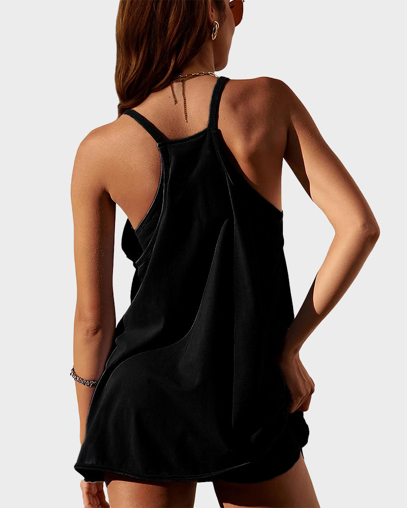Women's Athletic Sleeveless Mini Dress with Built-In Shorts and Pockets