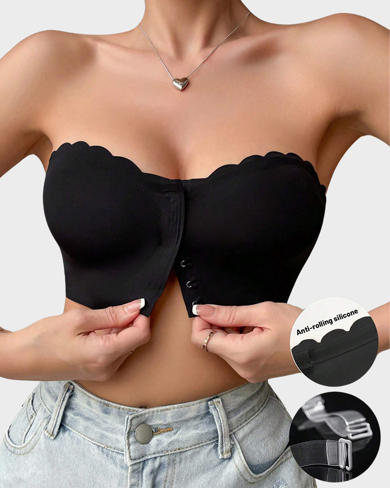 Comfortable Wireless Strapless Front-Closure Leopard Print Bra with Scalloped Trim