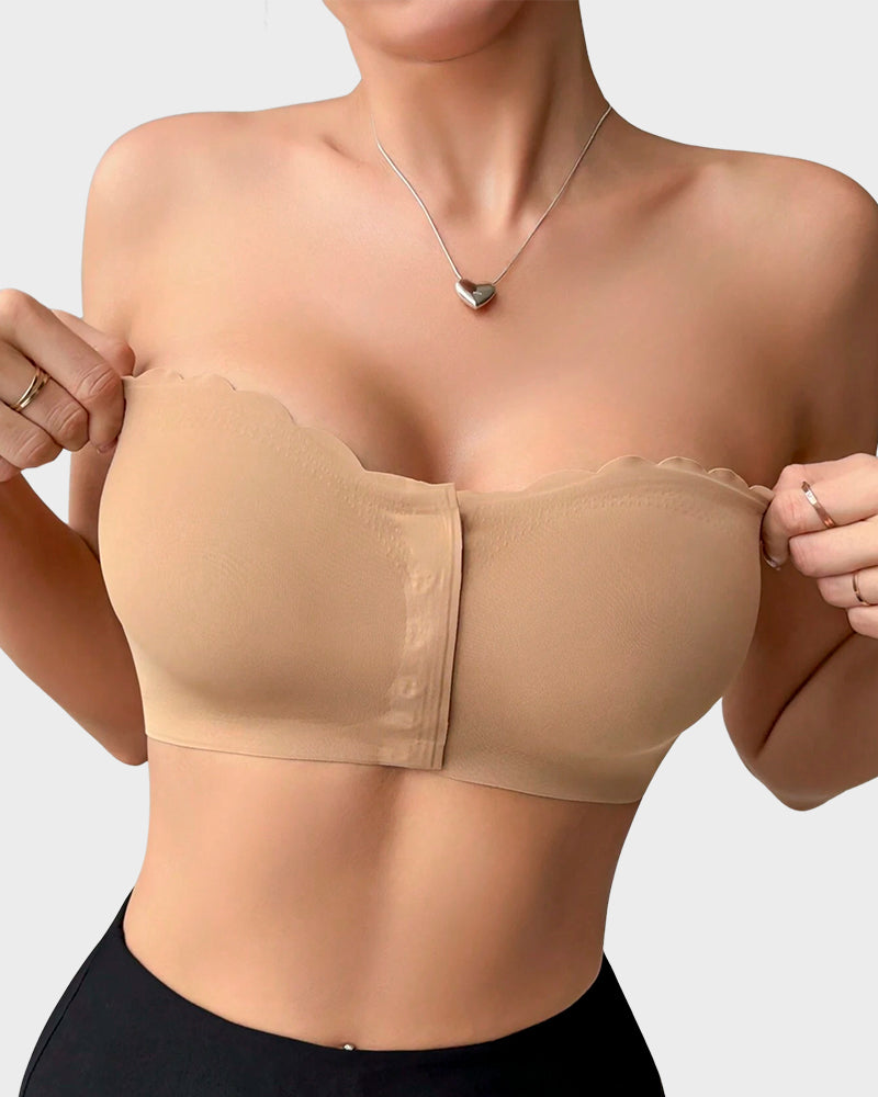 Comfortable Wireless Strapless Front-Closure Leopard Print Bra with Scalloped Trim
