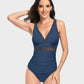 Elegant Mesh Tummy Control One-Piece Swimsuit with Deep V-Neck & Backless Design