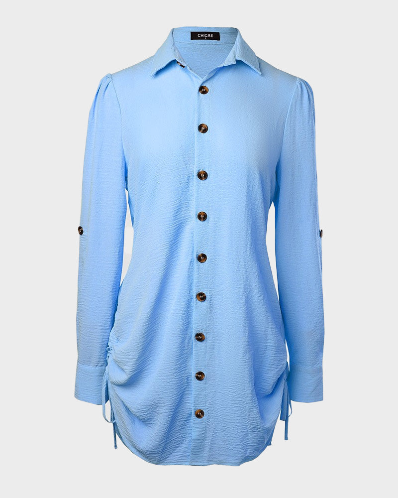 Chic SheCurve Long Sleeve Button-Down Drawstring Shirt Dress – Adjustable Hem, Comfortable