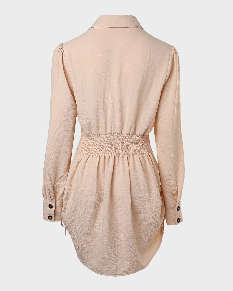 Chic SheCurve Long Sleeve Button-Down Drawstring Shirt Dress – Adjustable Hem, Comfortable