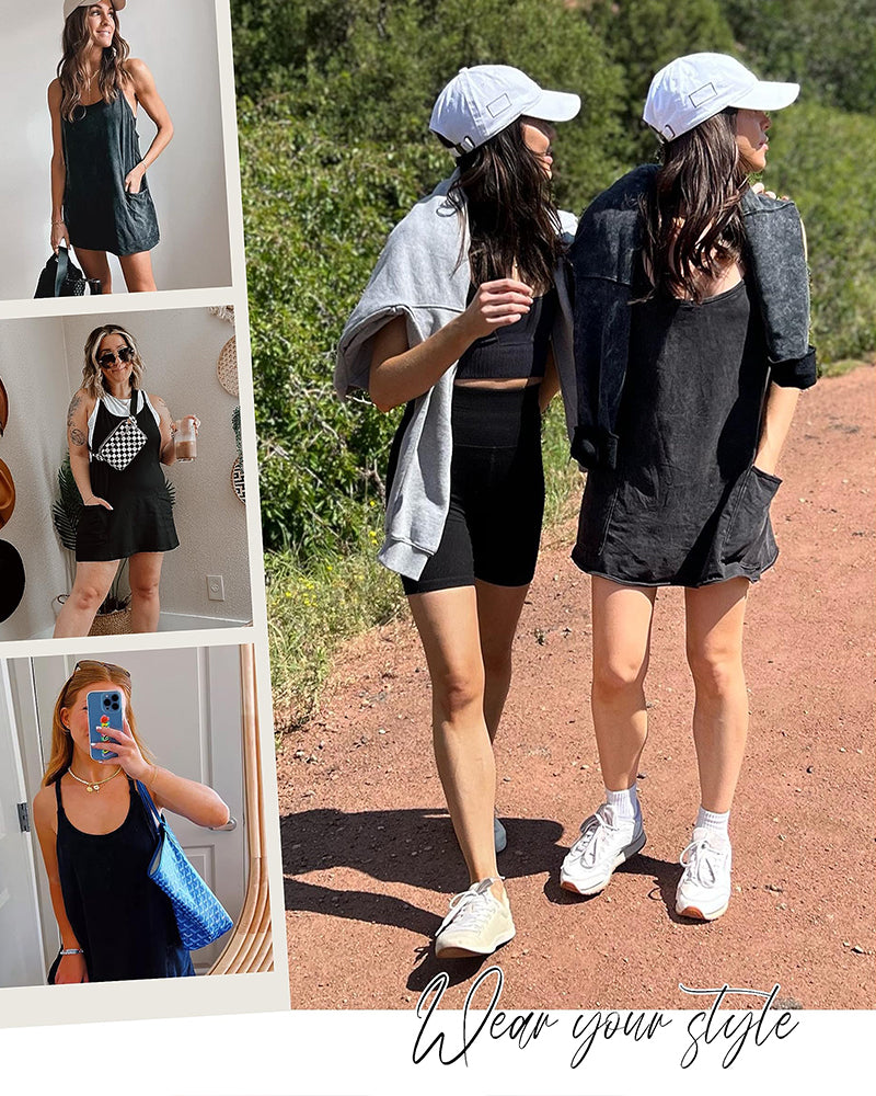 Women's Athletic Sleeveless Mini Dress with Built-In Shorts and Pockets