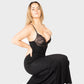 Elegant Deep-V Lace Maxi Dress with High Slit & Built-In Shapewear