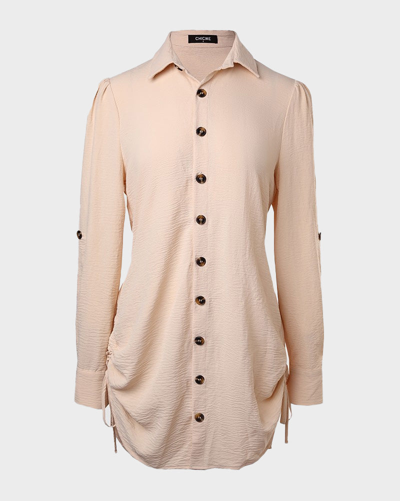 Chic SheCurve Long Sleeve Button-Down Drawstring Shirt Dress – Adjustable Hem, Comfortable