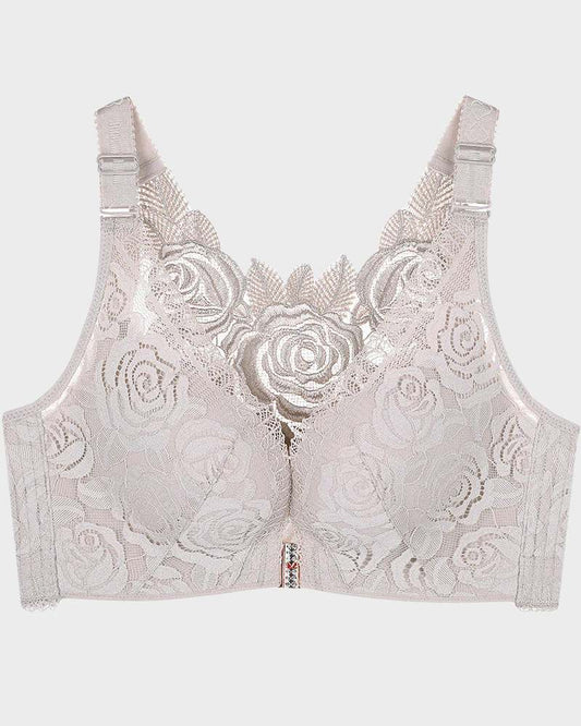 Elegant Rose Embroidery Front Closure Bra for Seamless Comfort & Support