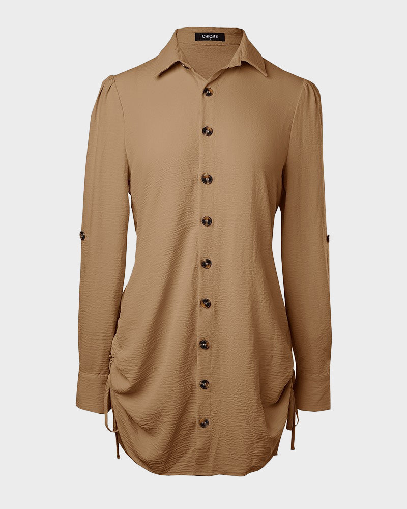 Chic SheCurve Long Sleeve Button-Down Drawstring Shirt Dress – Adjustable Hem, Comfortable