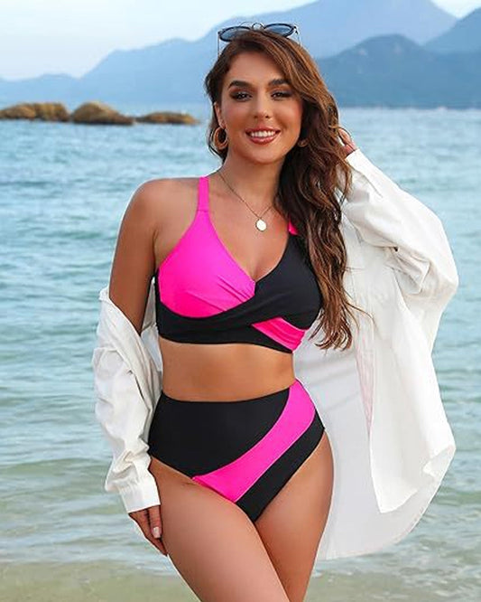 Trendy Color-Block Crisscross Laced Bikini Set with Adjustable Back Ties