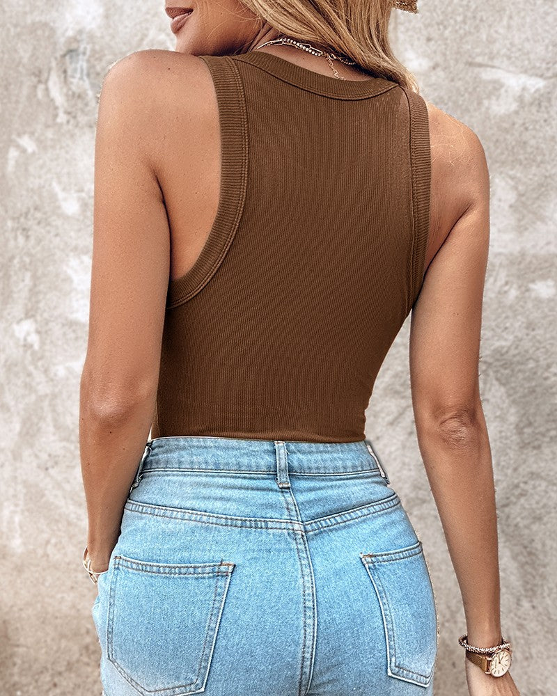 Ribbed Knit Round Neck Tank Top with Built-in Bra Pads