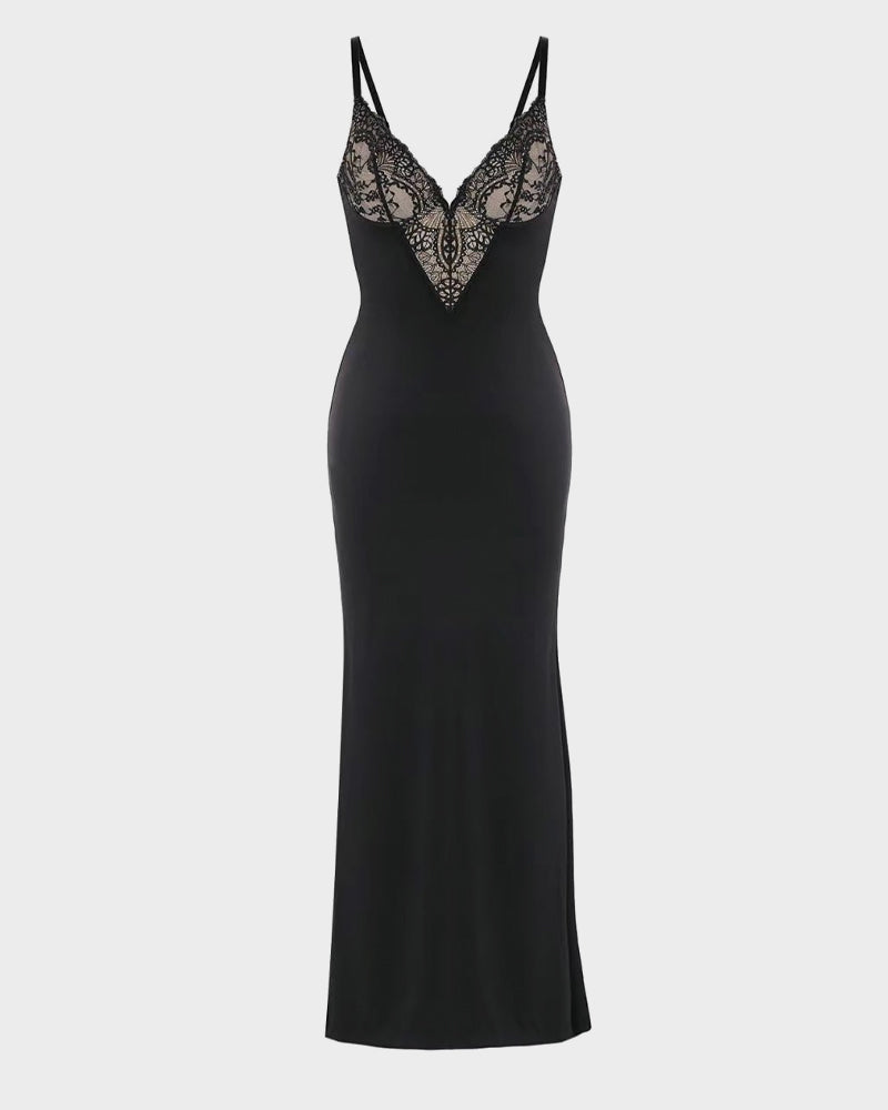 Elegant Deep-V Lace Maxi Dress with High Slit & Built-In Shapewear