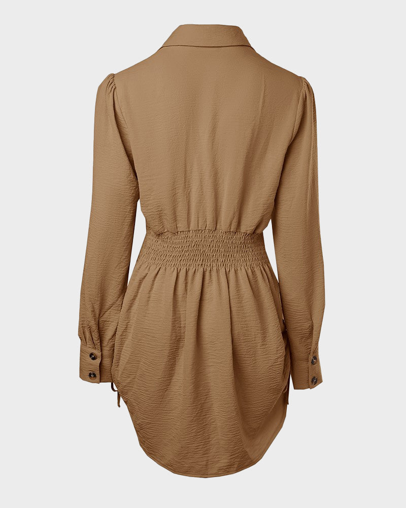 Chic SheCurve Long Sleeve Button-Down Drawstring Shirt Dress – Adjustable Hem, Comfortable