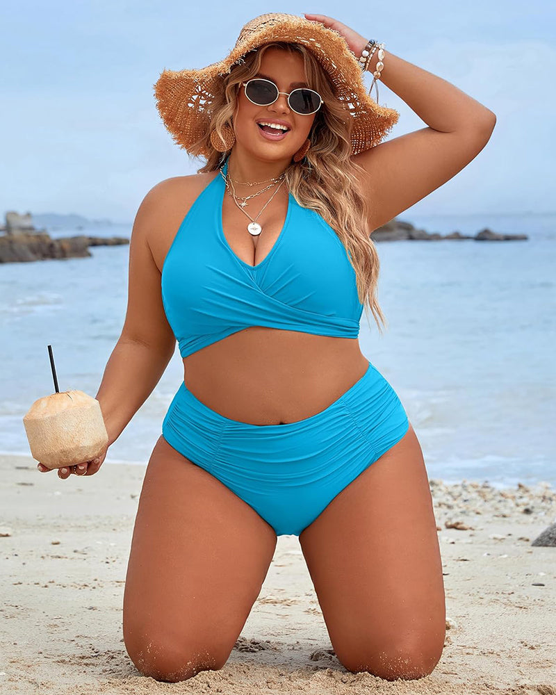 Women's Modest Tummy Control High Waisted Halter Bikini Swimsuit Set