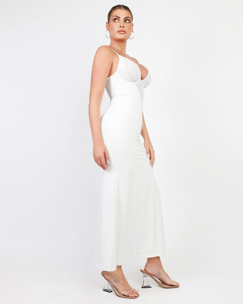 Elegant Deep-V Lace Maxi Dress with High Slit & Built-In Shapewear