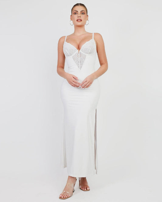 Elegant Deep-V Lace Maxi Dress with High Slit & Built-In Shapewear