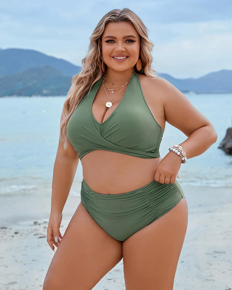 Women's Modest Tummy Control High Waisted Halter Bikini Swimsuit Set
