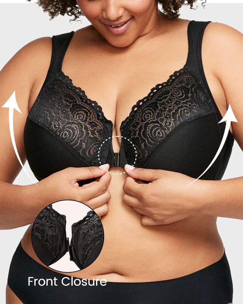 Chic Front-Closure Underwire Lace Print Bra for Effortless Plus Size Comfort