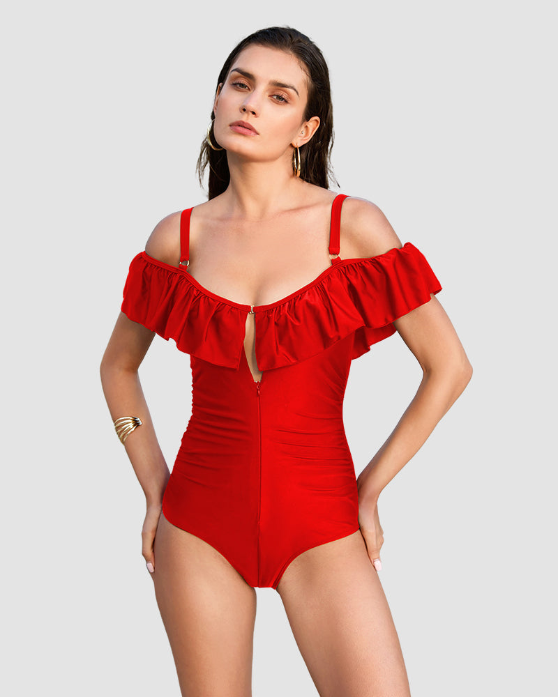 Chic Drop-Shoulder Ruffled Zip-Front One-Piece Shapewear Swimsuit for Women