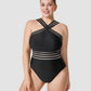Chic Striped Mesh Insert Cross-Over Halter Neck One-Piece Swimsuit for Women