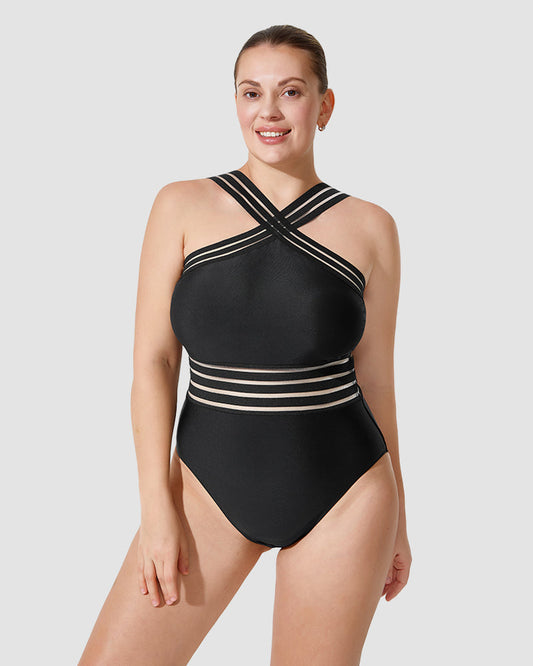 Chic Striped Mesh Insert Cross-Over Halter Neck One-Piece Swimsuit for Women