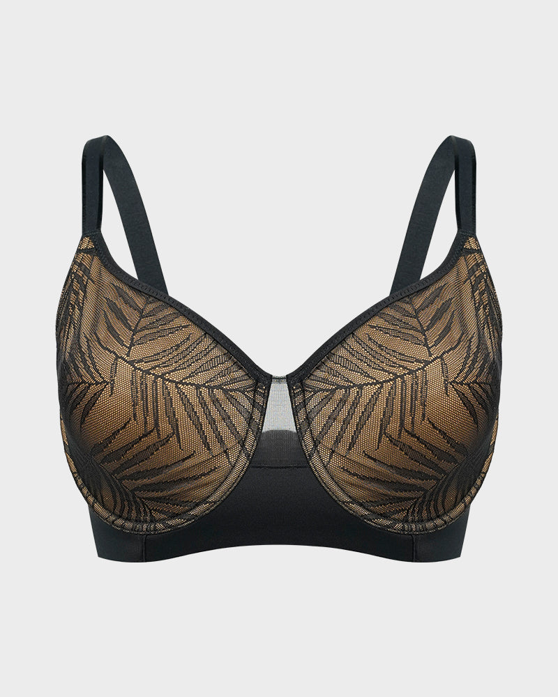Elegant Leaf Lace Full Coverage Unlined Push-Up Bra for Enhanced Shape