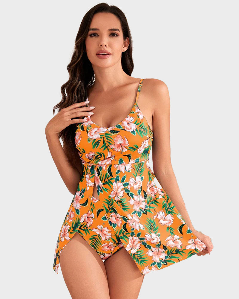 Elegant Women's Tummy Control V-Neck Tropical Skirted One-Piece Swimdress