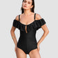 Chic Drop-Shoulder Ruffled Zip-Front One-Piece Shapewear Swimsuit for Women