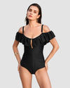 Chic Drop-Shoulder Ruffled Zip-Front One-Piece Shapewear Swimsuit for Women