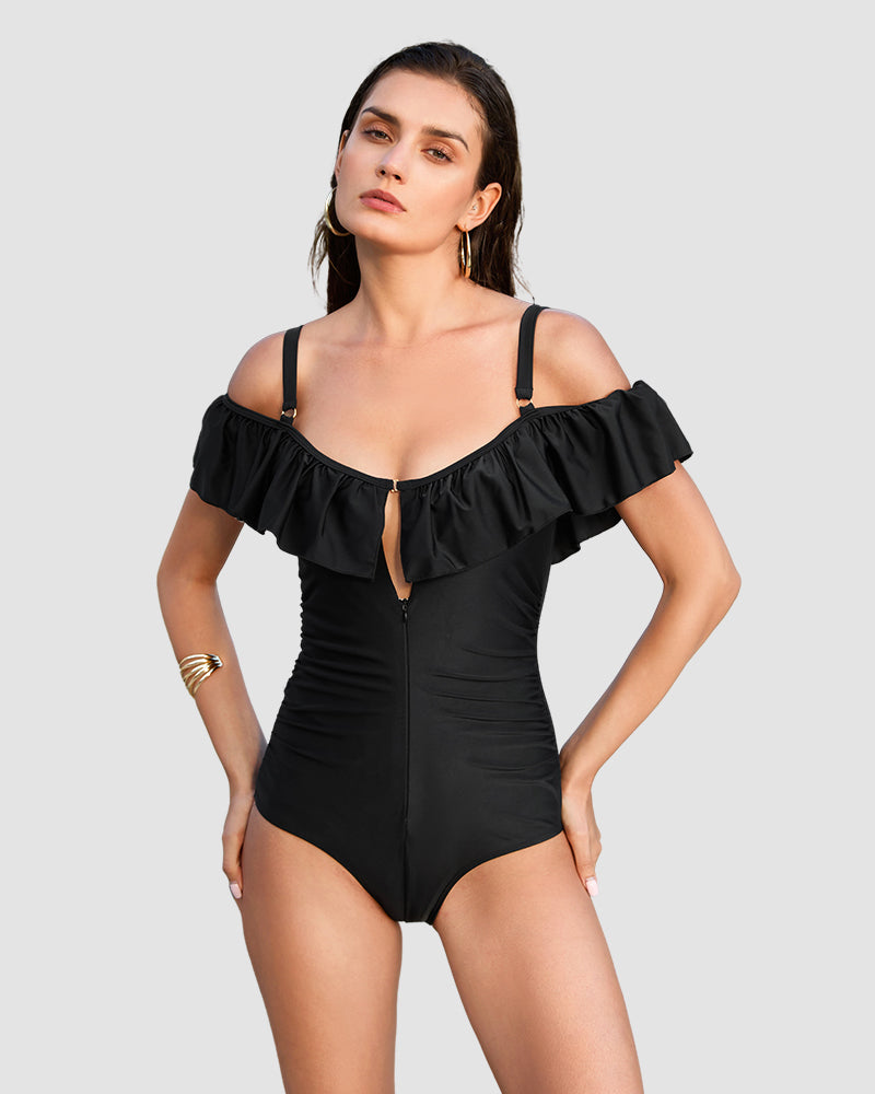 Chic Drop-Shoulder Ruffled Zip-Front One-Piece Shapewear Swimsuit for Women