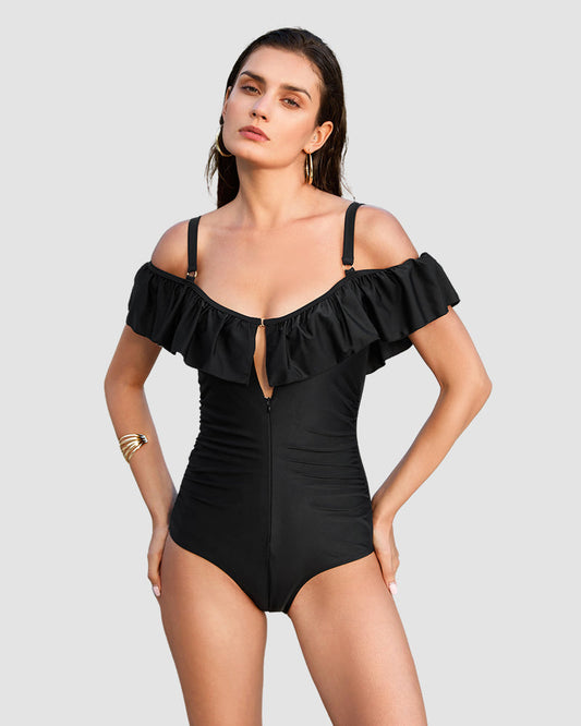 Chic Drop-Shoulder Ruffled Zip-Front One-Piece Shapewear Swimsuit for Women