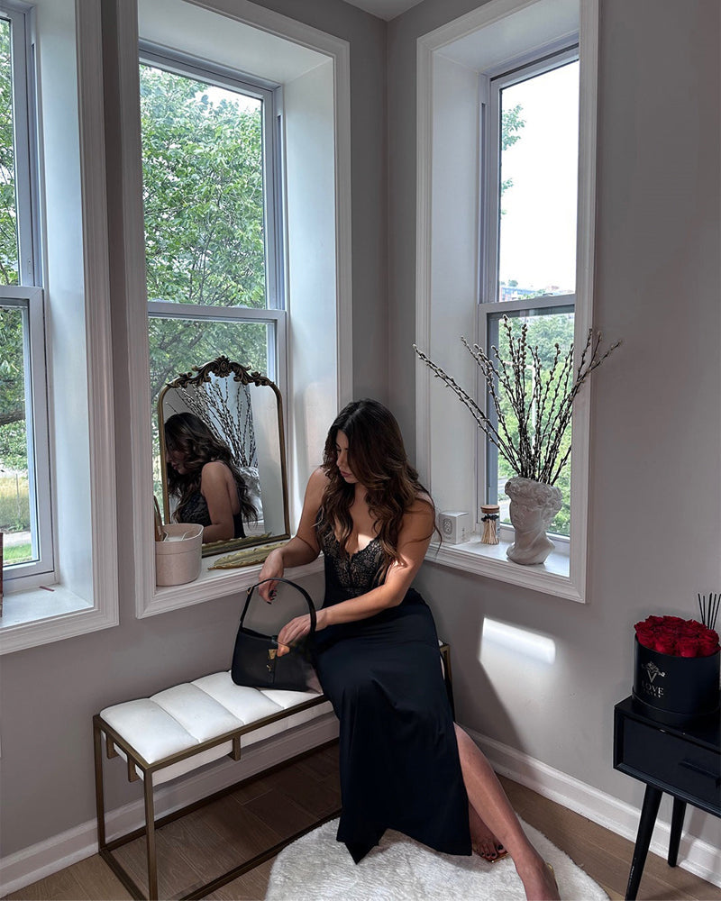 Elegant Deep-V Lace Maxi Dress with High Slit & Built-In Shapewear