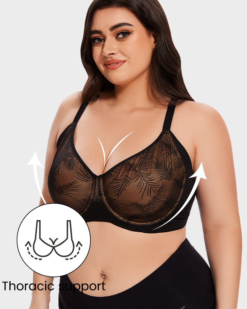 Elegant Leaf Lace Full Coverage Unlined Push-Up Bra for Enhanced Shape