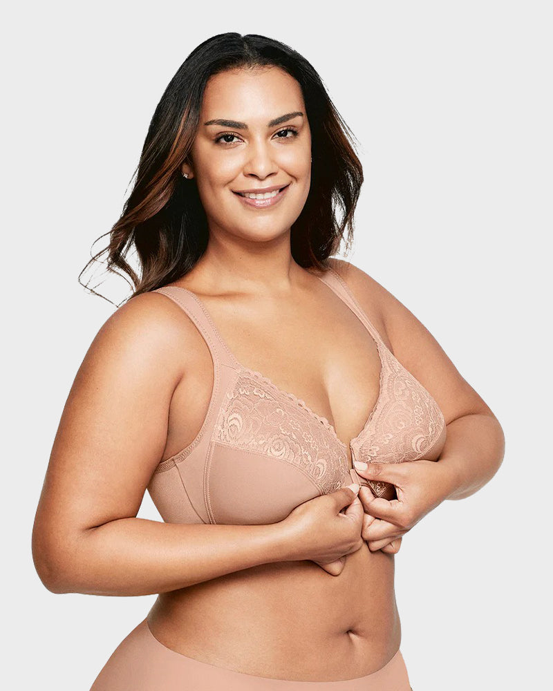 Chic Front-Closure Underwire Lace Print Bra for Effortless Plus Size Comfort
