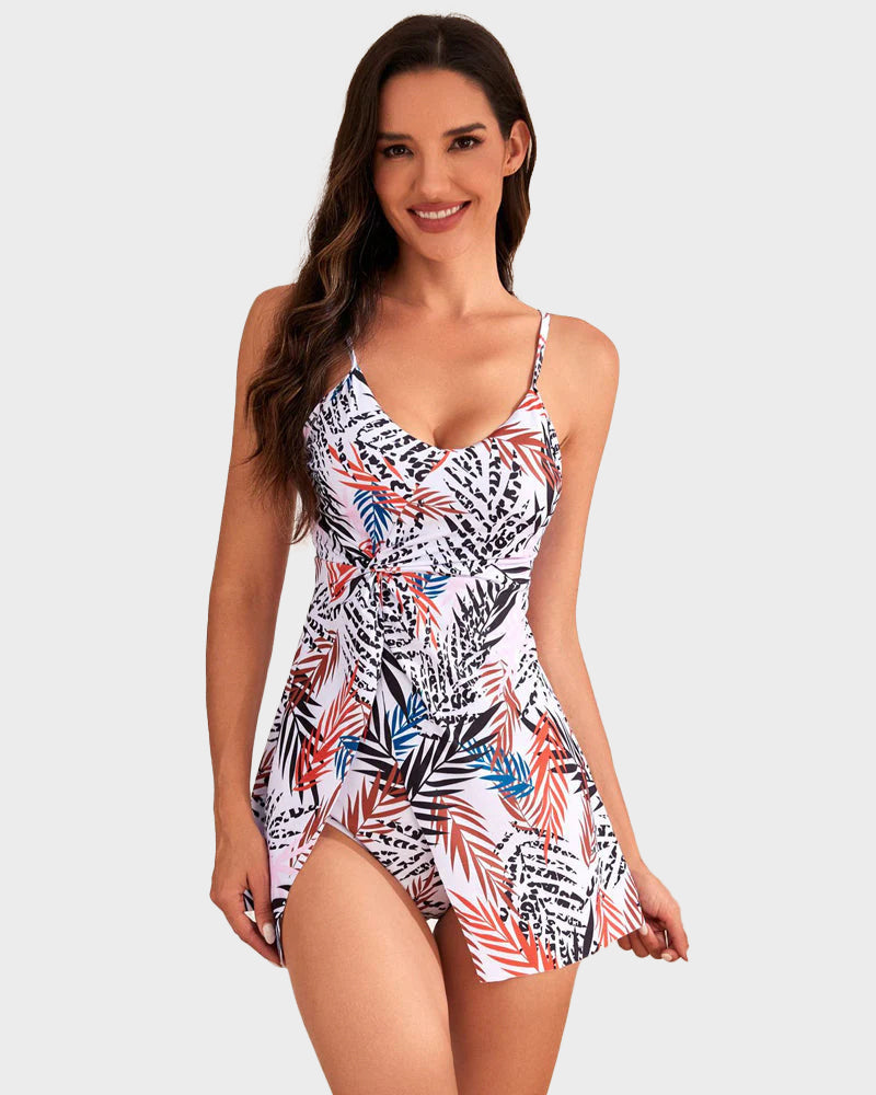 Elegant Women's Tummy Control V-Neck Tropical Skirted One-Piece Swimdress