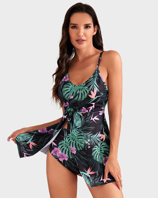 Elegant Women's Tummy Control V-Neck Tropical Skirted One-Piece Swimdress