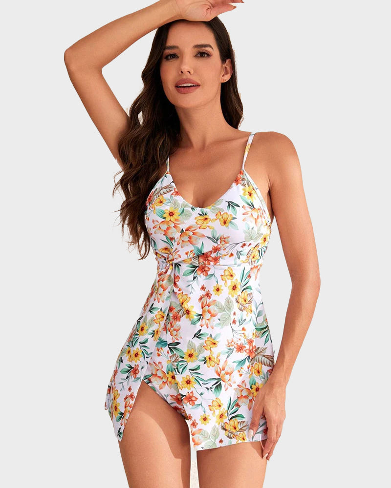 Elegant Women's Tummy Control V-Neck Tropical Skirted One-Piece Swimdress
