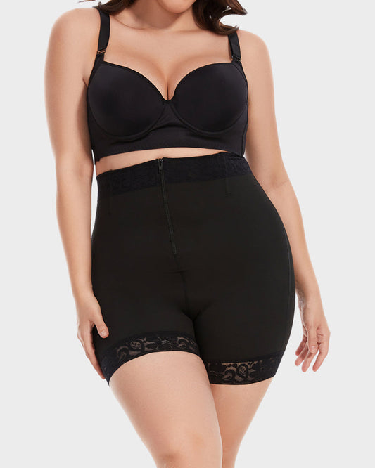 Boned High Waist Tummy Control Shaping Shorts with Zipper & Hooks