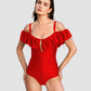 Drop-Shoulder Ruffled Zip-Front Shapewear Swimsuit